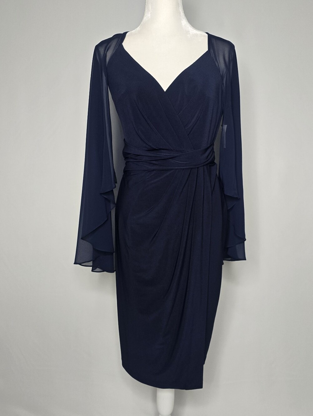 Betsy & Adam Navy Blue Chiffon Capelet Ruched Sheath Dress